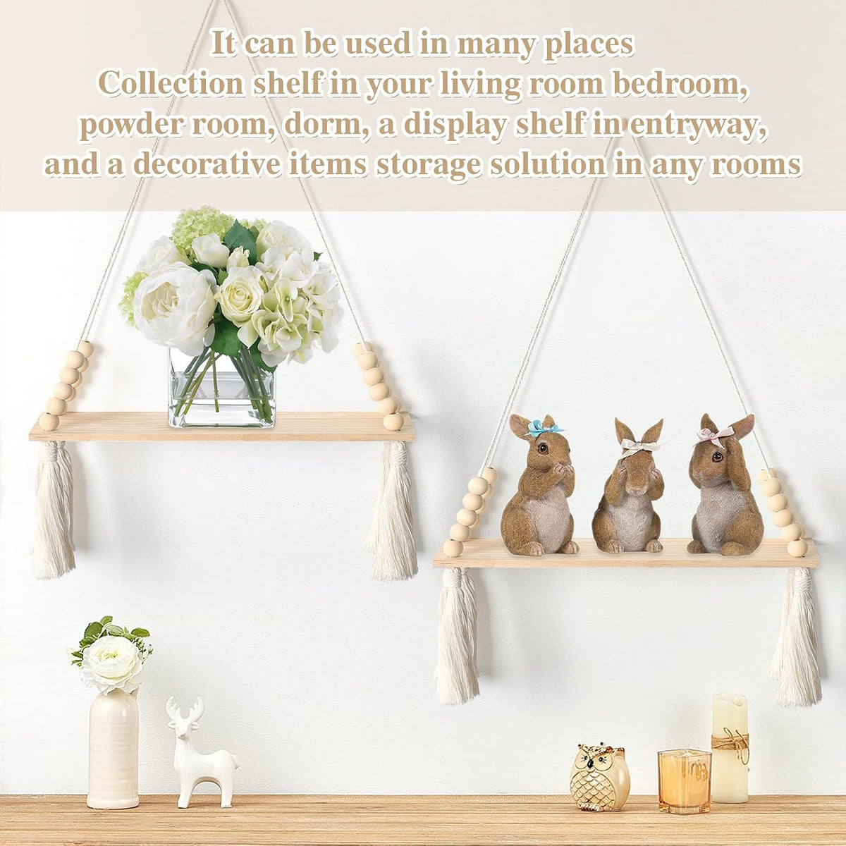 Macrame Hanging Shelves Set of 2 Boho Wood Floating Storage Shelf
