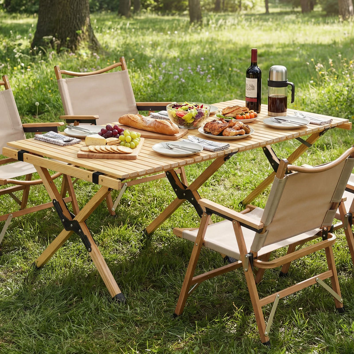 Pine Wood Roll-Up Camping Table with Carry Bag – pine table set for an outdoor meal