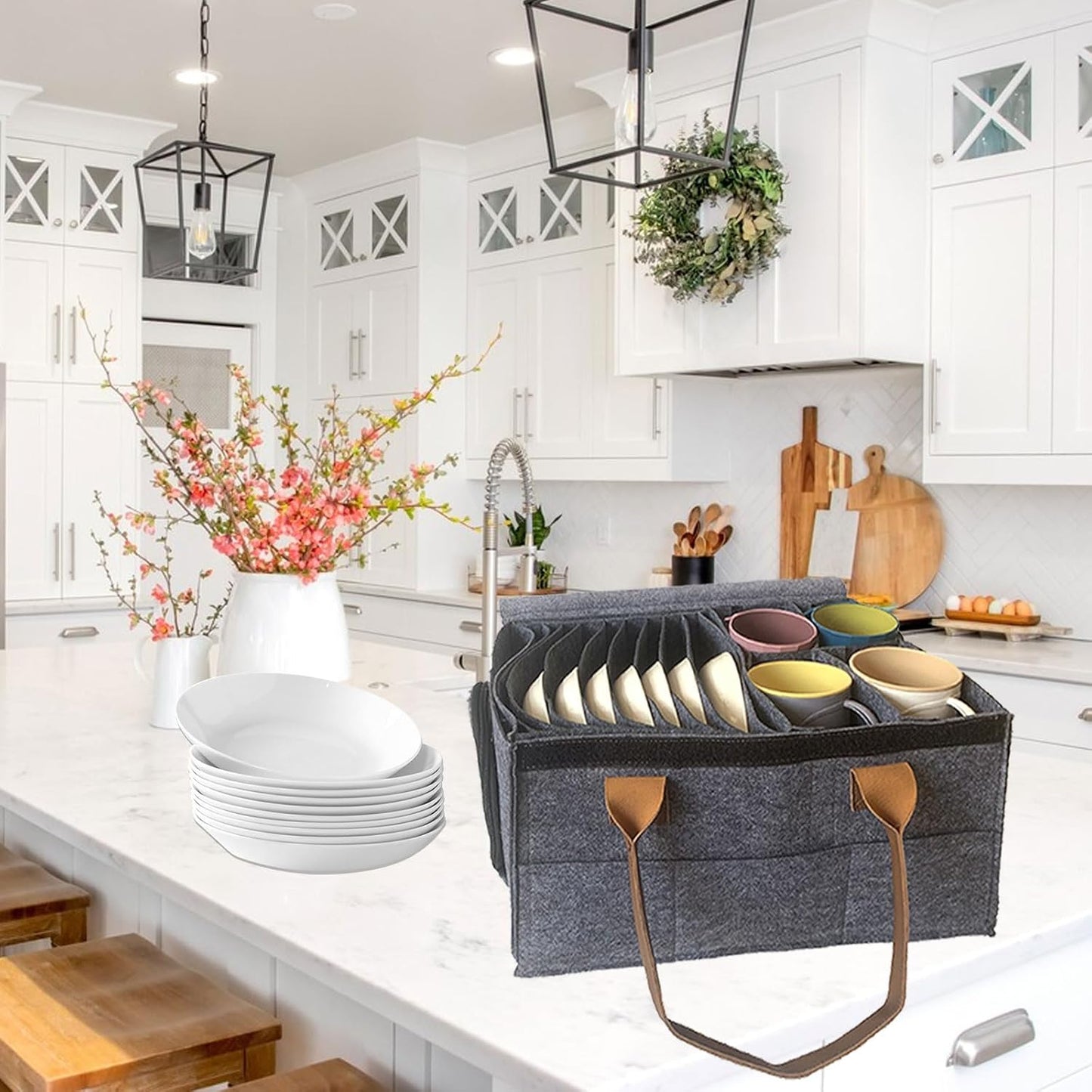 Grey felt dish organizer with leather handles, holding plates and bowls in a modern kitchen