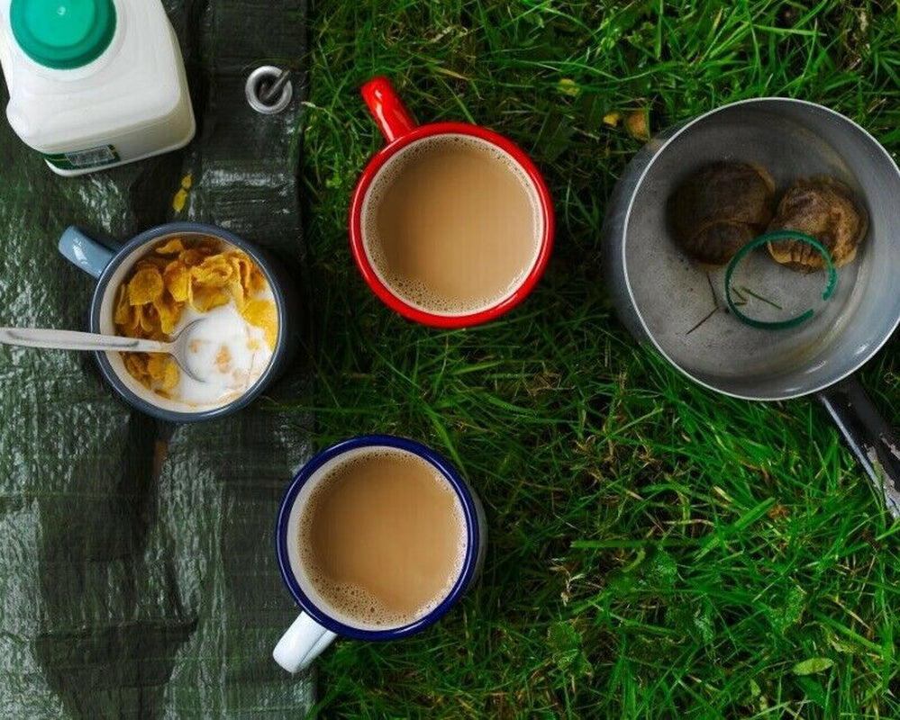Van life breakfast with coffee, cereal, and campfire cooking on grass