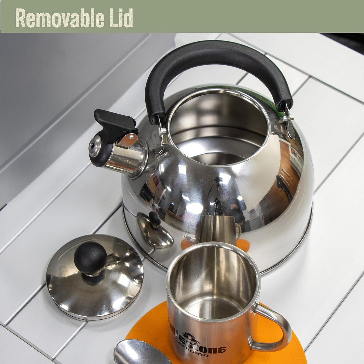 2L Stainless Steel Whistling Camping Kettle – open kettle with removable lid