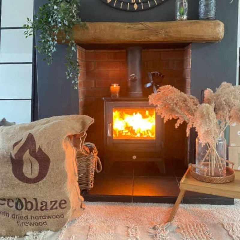 Kiln-Dried Birch Firewood Logs – 50L Hessian Sack – logs beside an open fireplace