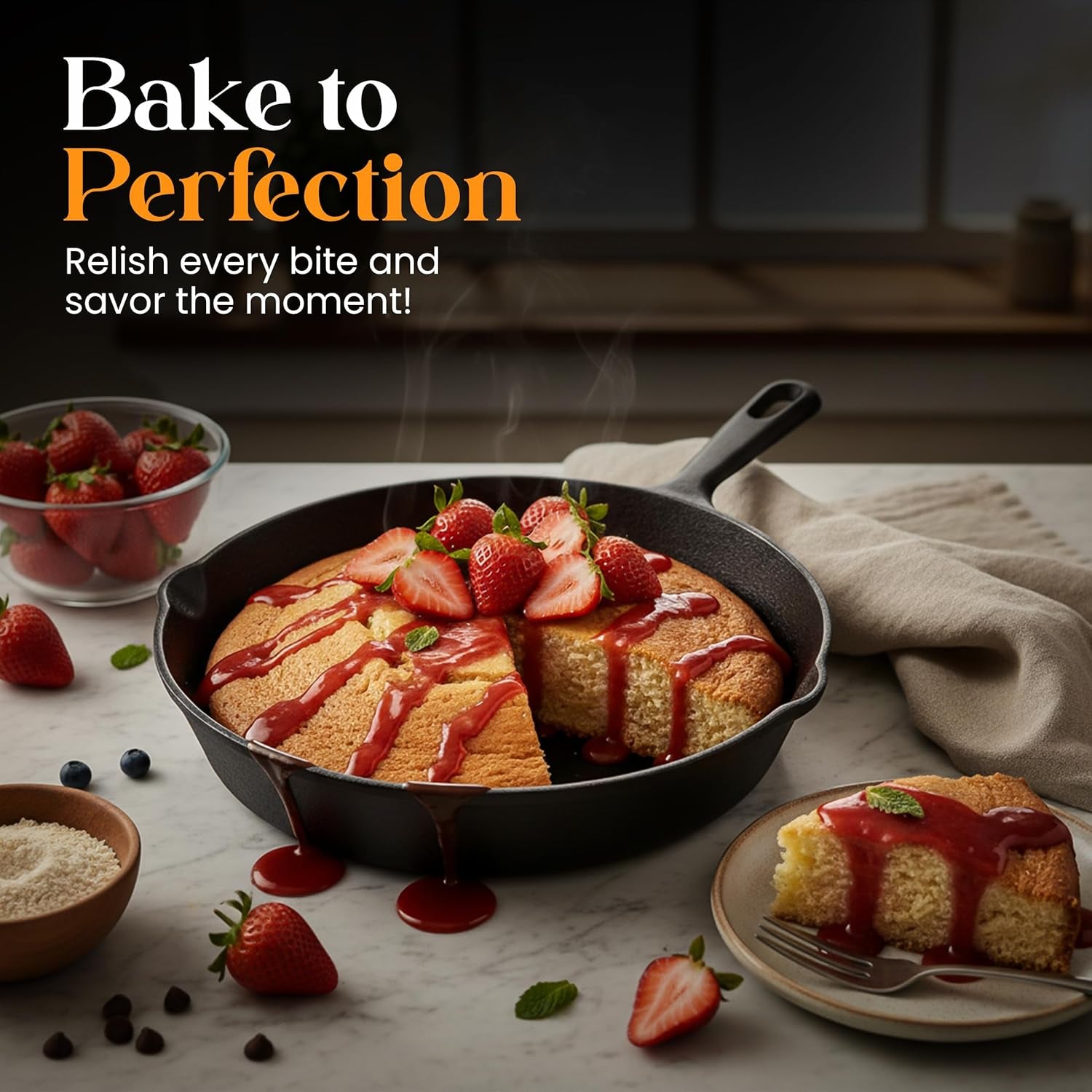 Cast iron skillet cake with strawberries and sauce, perfect for van life baking adventures