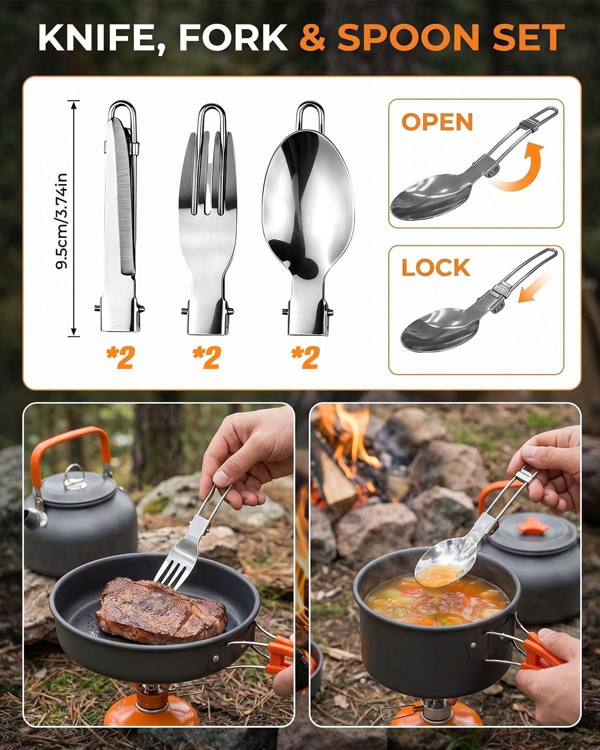 17-Piece Camping Cookware Set for 2–3 People – folding cutlery and cooking examples