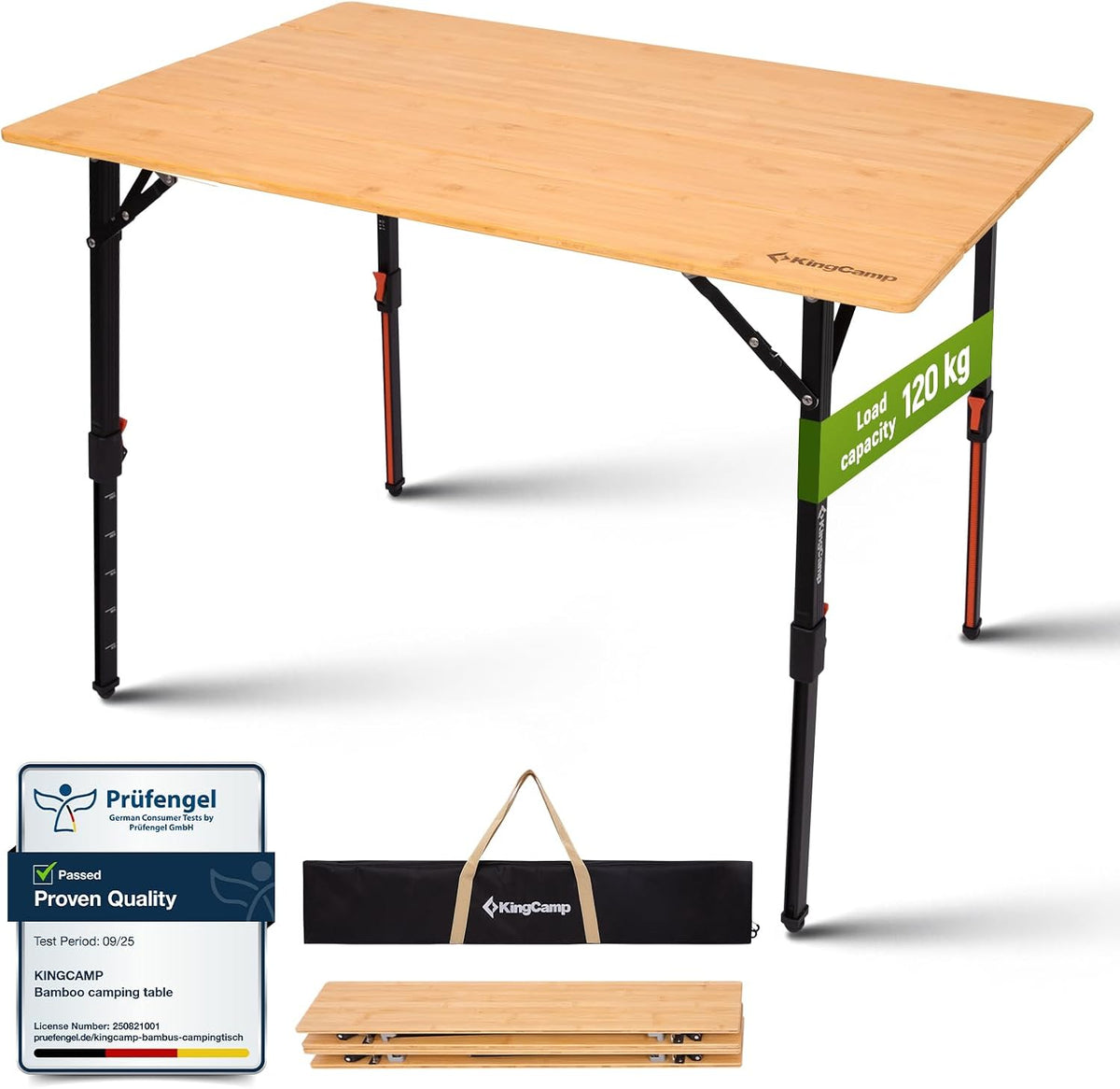 Adjustable Bamboo Camping Table – 80 × 60cm – folding bamboo table and carry bag on white