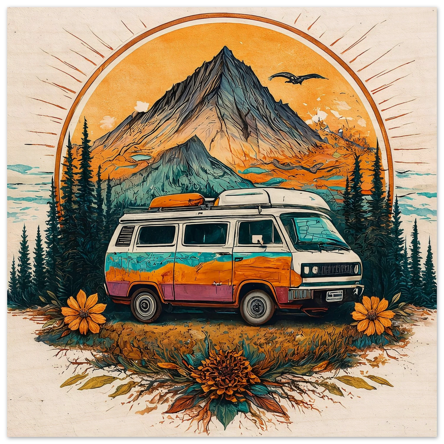 Colorful camper van in mountain forest scene, van life adventure art print