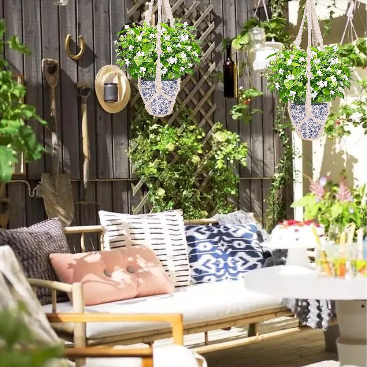 Cotton Macramé Plant Hangers – Pair, 50cm – hanger on a sheltered patio