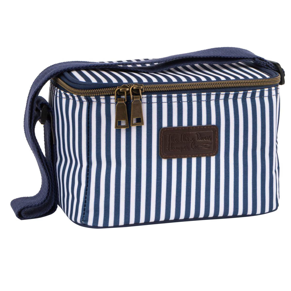 Navy and white striped insulated cooler bag with shoulder strap, perfect for van life adventures and outdoor picnics.