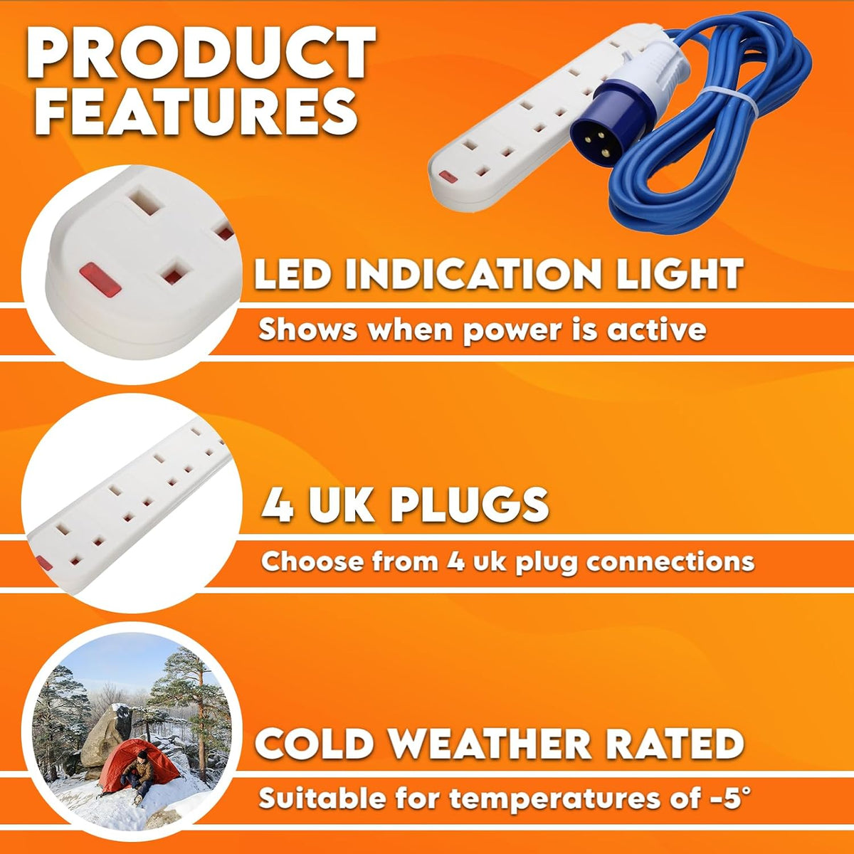 Camping Electric Hook up Cable Extension Lead - 4 Gang Power Hookup Sockets, Perfect Accessory for Caravan, Tent & Motorhome Mains Power Lead EHU Cable (10M)