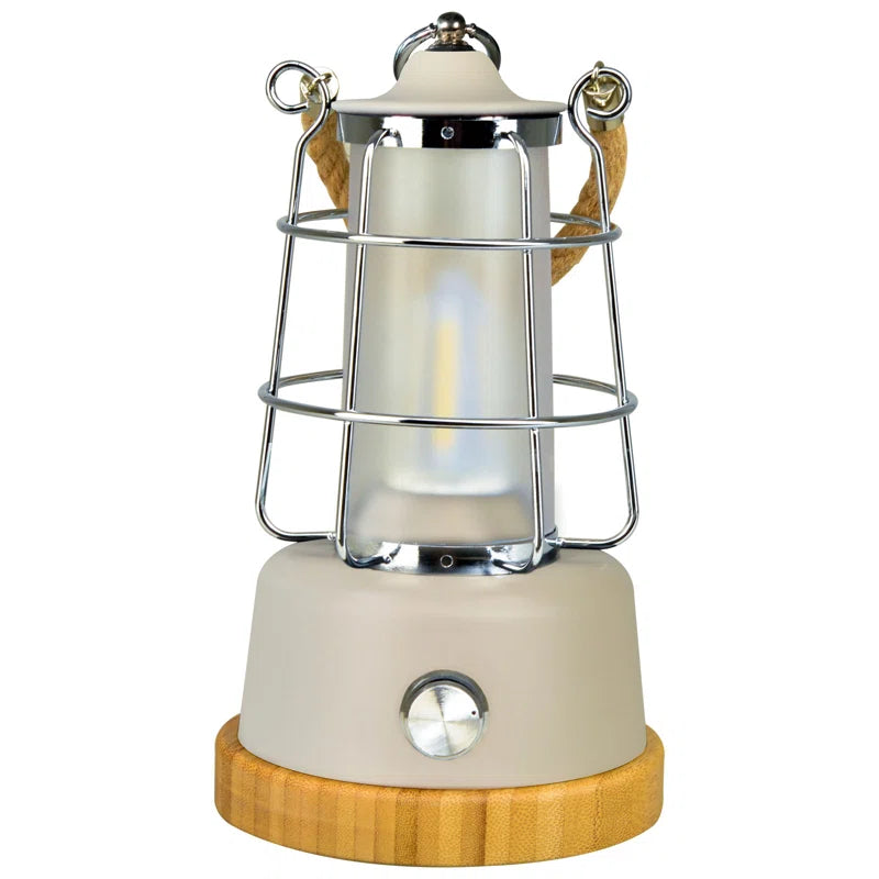 Retro LED camping lantern with wooden base & metal cage, perfect for van life and outdoor adventures