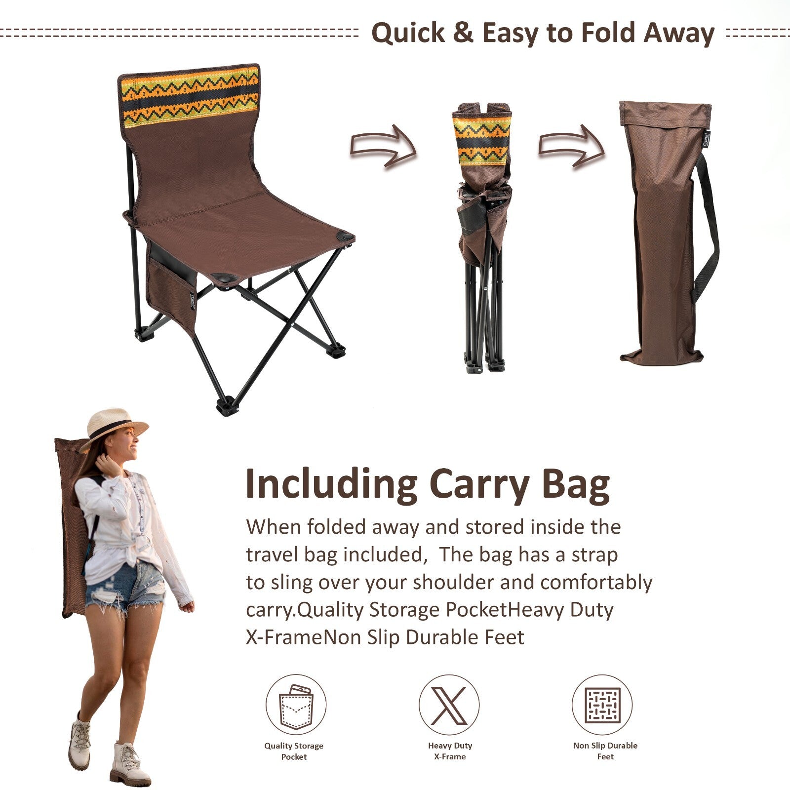 Portable folding camp chair with carry bag, perfect for van life, festivals, and outdoor adventures