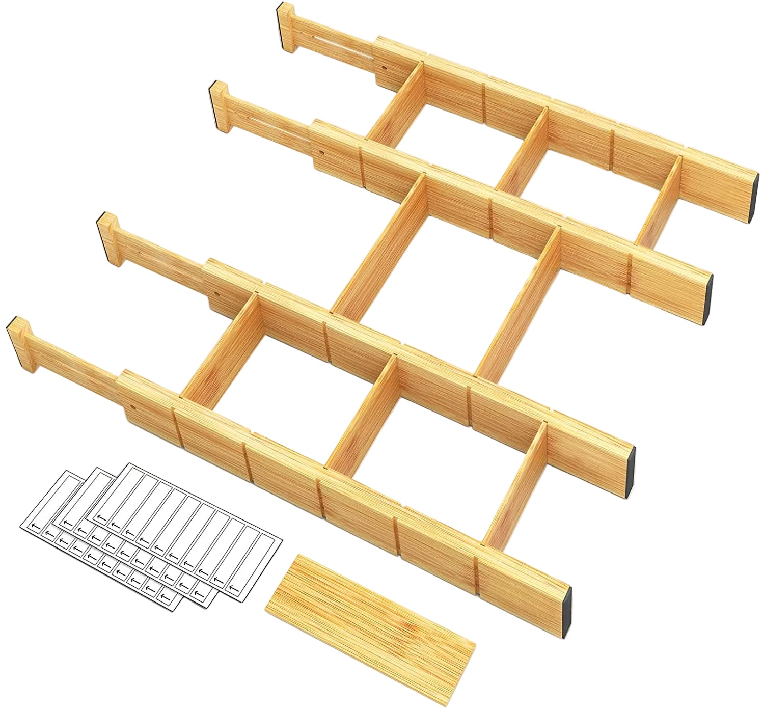 Bamboo drawer organizer set with adjustable dividers for van life storage and kitchen organization