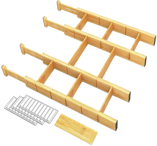 Bamboo drawer organizer set with adjustable dividers for van life storage and kitchen organization