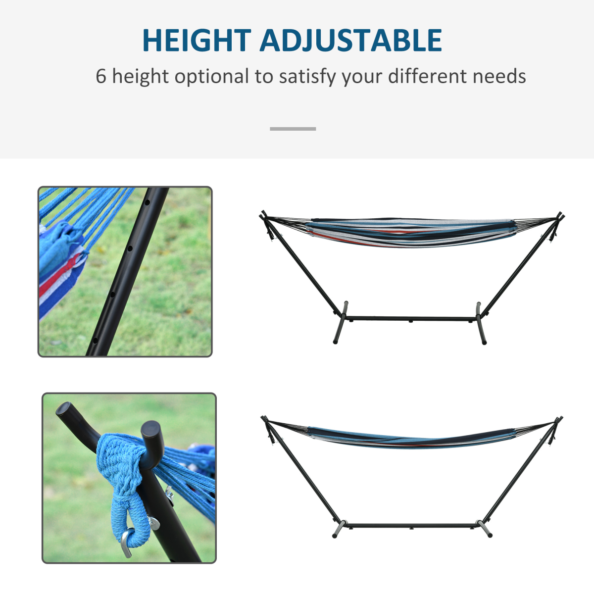 Height adjustable hammock stand with 6 settings, perfect for van life and outdoor adventures