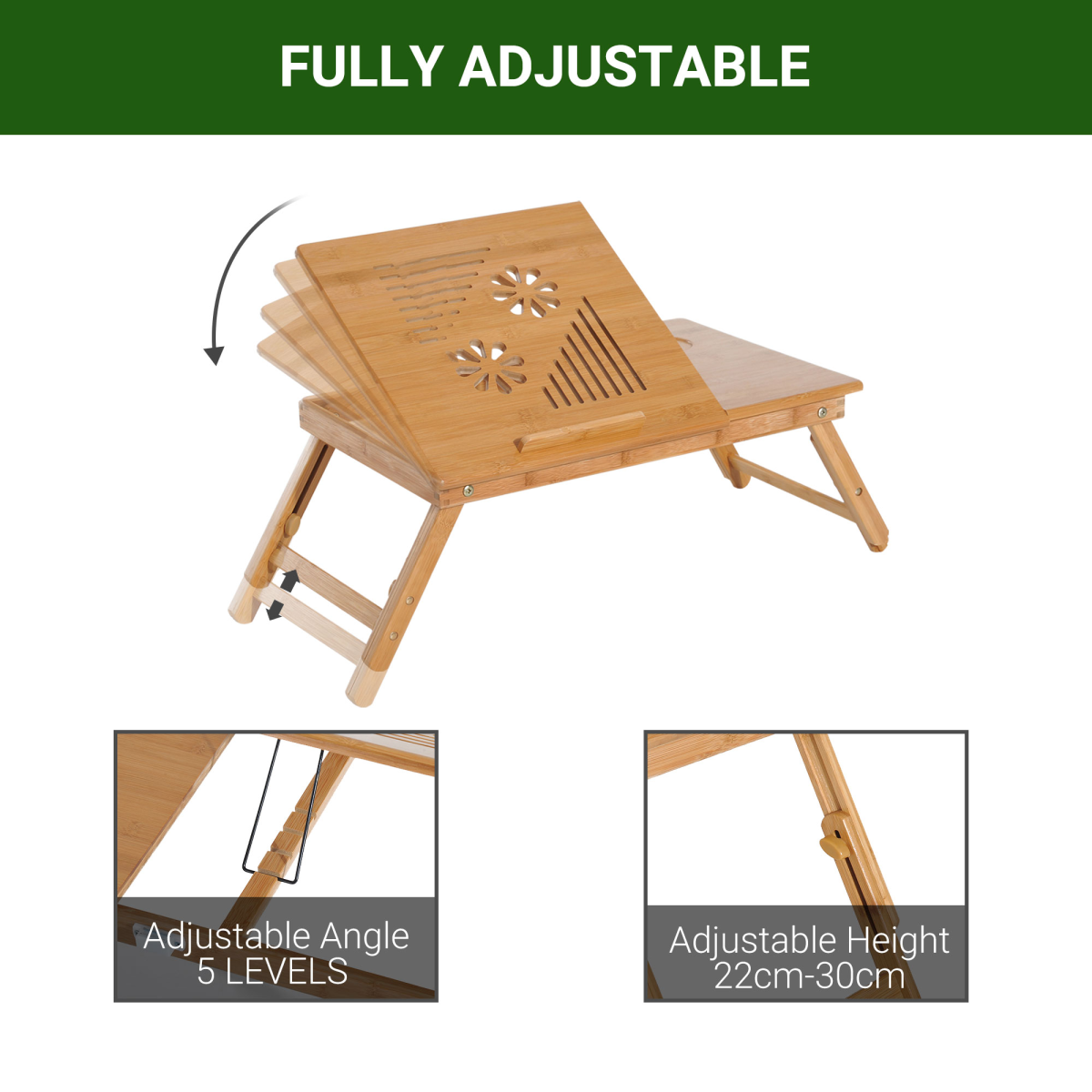 Fully adjustable bamboo laptop tray for van life, 5-angle & 22-30cm height settings