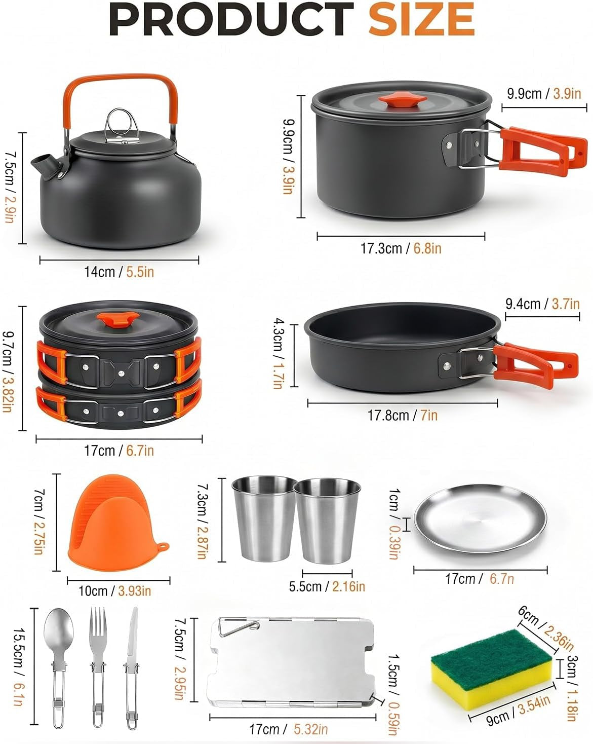 17-Piece Camping Cookware Set for 2–3 People – cookware size illustration