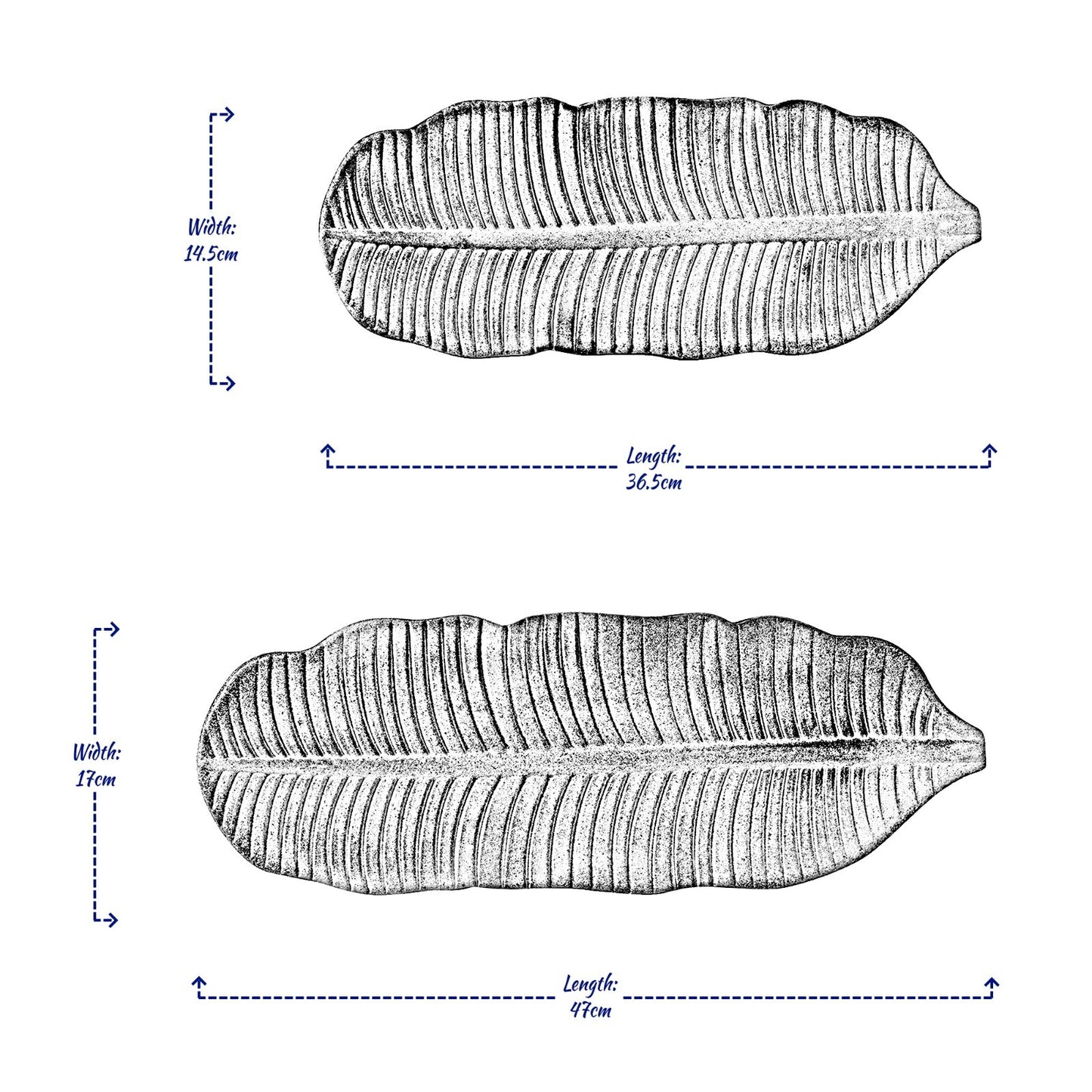 Leaf-shaped van life tray dimensions: 36.5cm & 47cm lengths, 14.5cm & 17cm widths for camper van storage