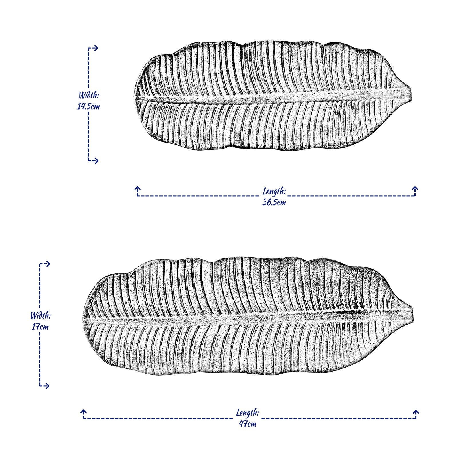 Leaf-shaped van life tray dimensions: 36.5cm & 47cm lengths, 14.5cm & 17cm widths for camper van storage