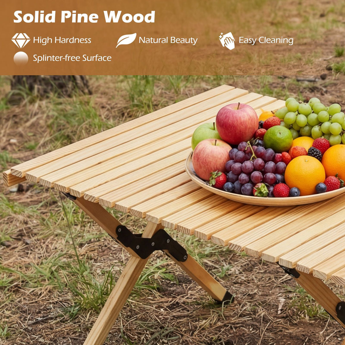 Pine Wood Roll-Up Camping Table with Carry Bag – pine wood surface close-up