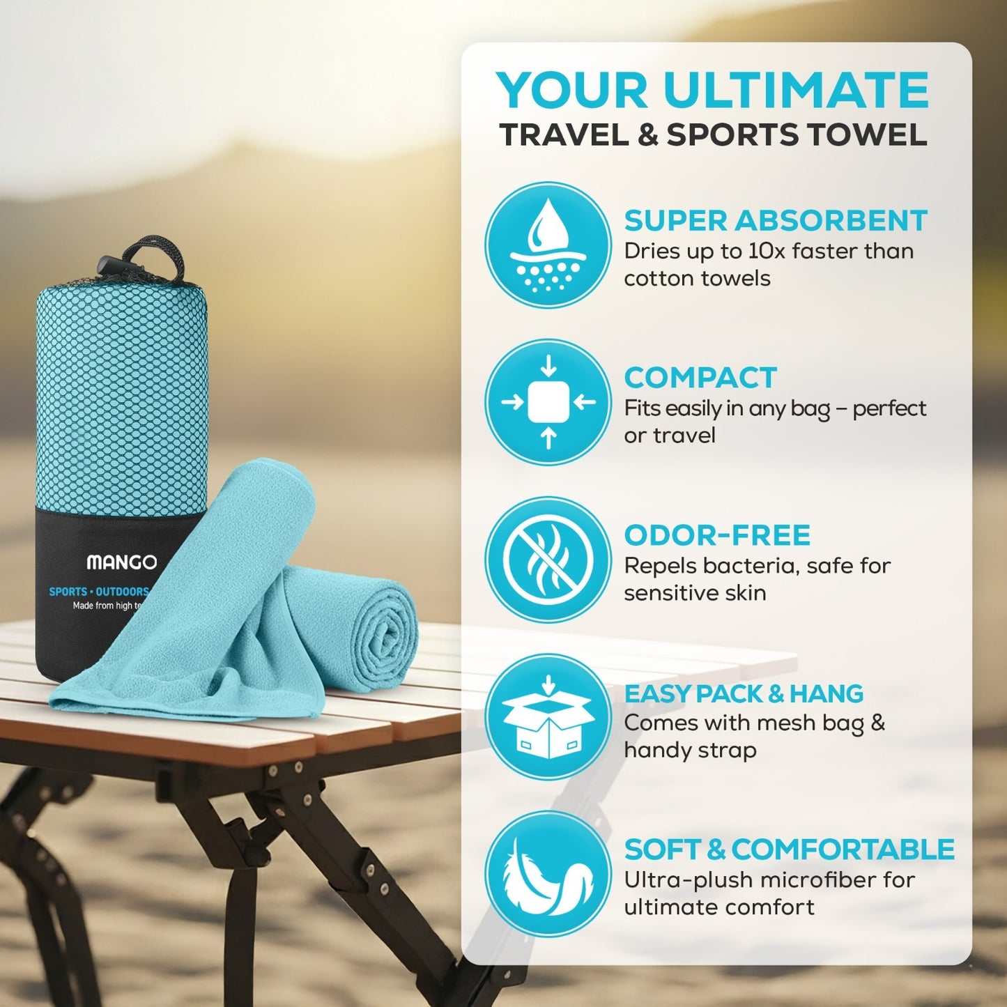 Compact travel towel for van life & outdoor adventures – super absorbent, odor-free, soft microfiber with mesh bag