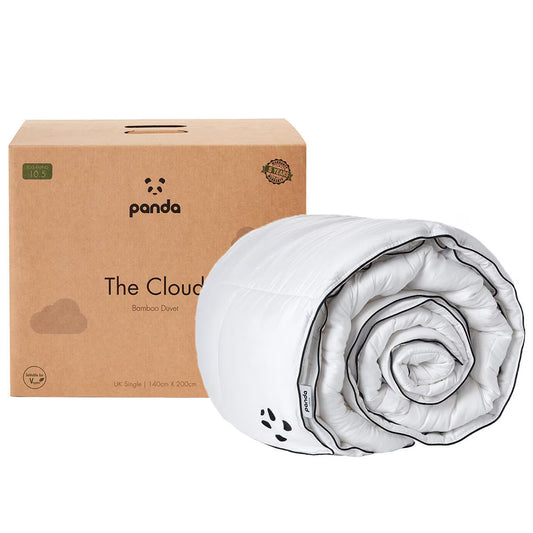 Panda The Cloud Bamboo Duvet for van life, rolled with packaging, UK single size, eco-friendly bedding