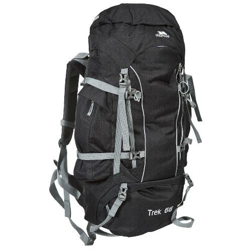 Black Trek 65L hiking backpack with gray straps, ideal for van life adventures and outdoor travel gear