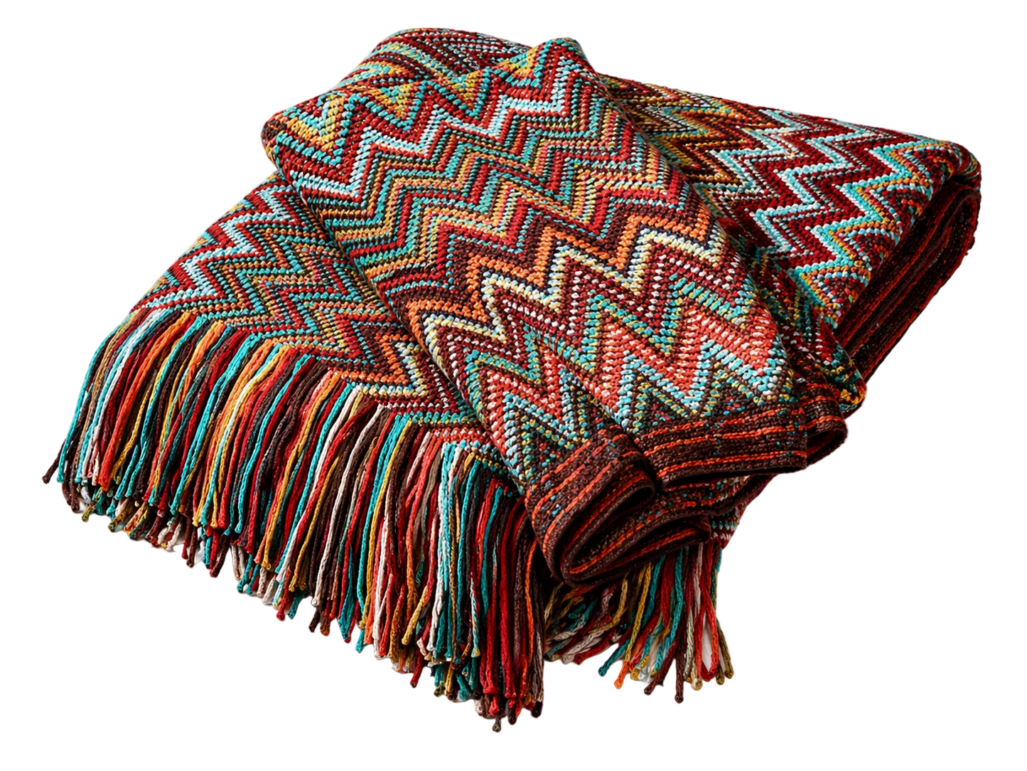 Colorful zigzag patterned throw blanket with fringe, perfect for van life and outdoor adventures