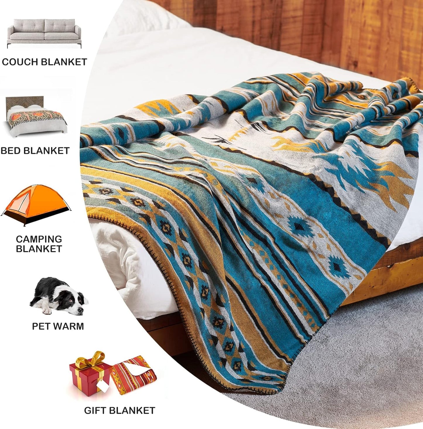 Boho patterned blanket for van life, camping, bed, couch, pet warmth & gifts — cozy outdoor adventure essential