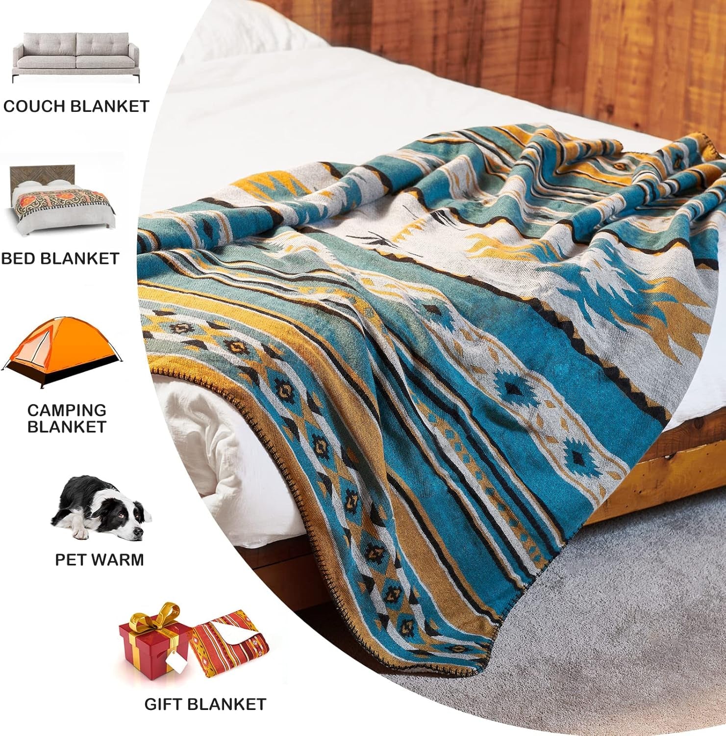 Boho patterned blanket for van life, camping, bed, couch, pet warmth & gifts — cozy outdoor adventure essential