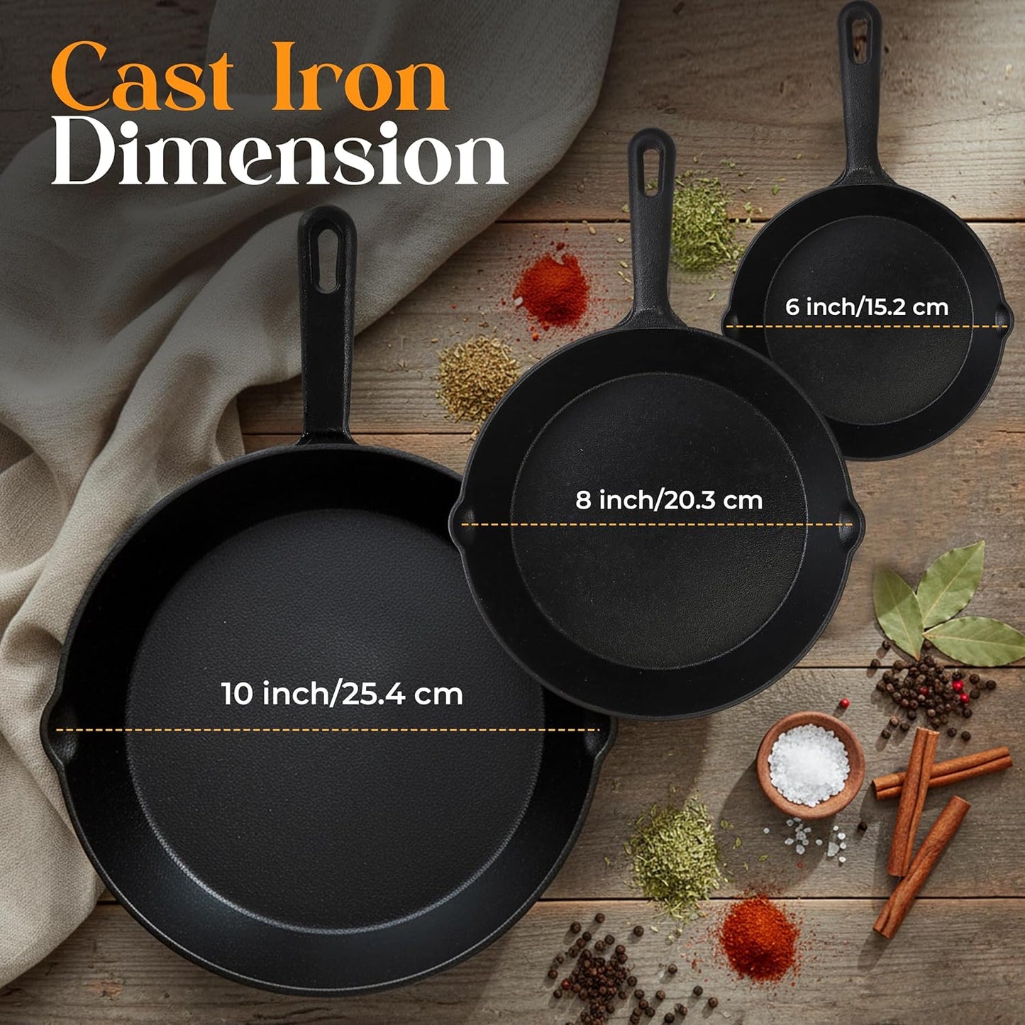 Cast iron skillets in 6, 8, and 10 inch sizes for van life cooking, shown with spices on rustic wood