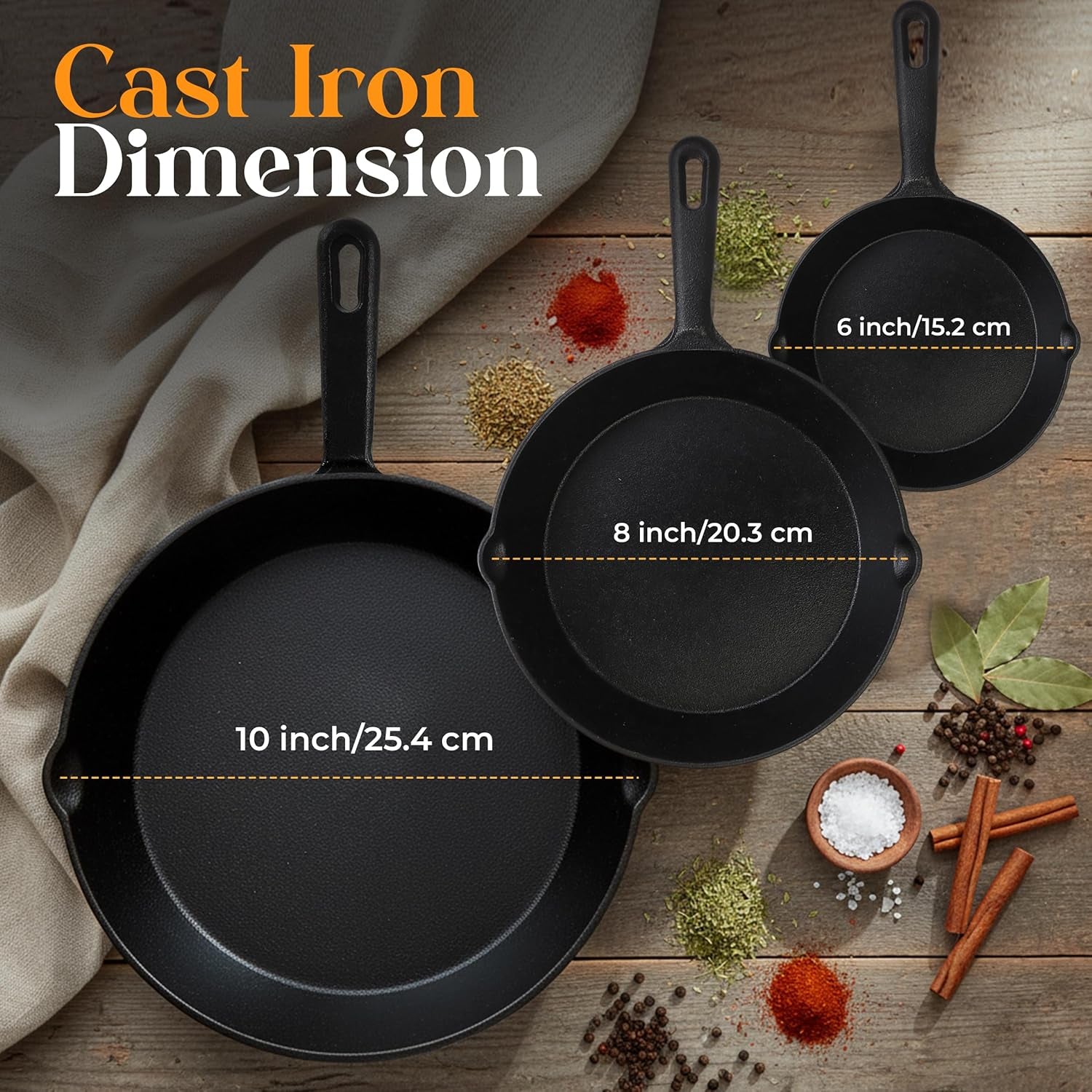 Cast iron skillets in 6, 8, and 10 inch sizes for van life cooking, shown with spices on rustic wood