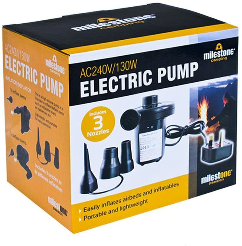 Milestone AC240V/130W electric pump for airbeds & inflatables — portable, lightweight, includes 3 nozzles