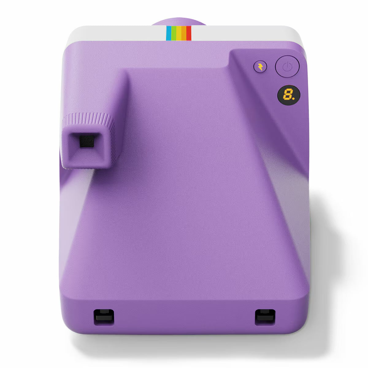 Purple instant camera with rainbow stripe, perfect for van life adventures and outdoor memories.