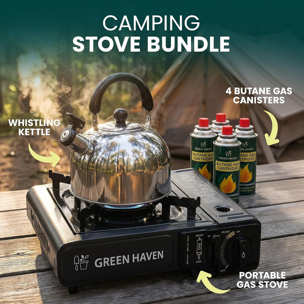 Camping Stove Bundle – Portable Gas Stove, Camping Kettle & 4 Butane Gas Canisters | 2100W Gas Cooker with Carry Case | EN417 | Camping Gas Stove with Auto-Ignition, Adjustable Flame