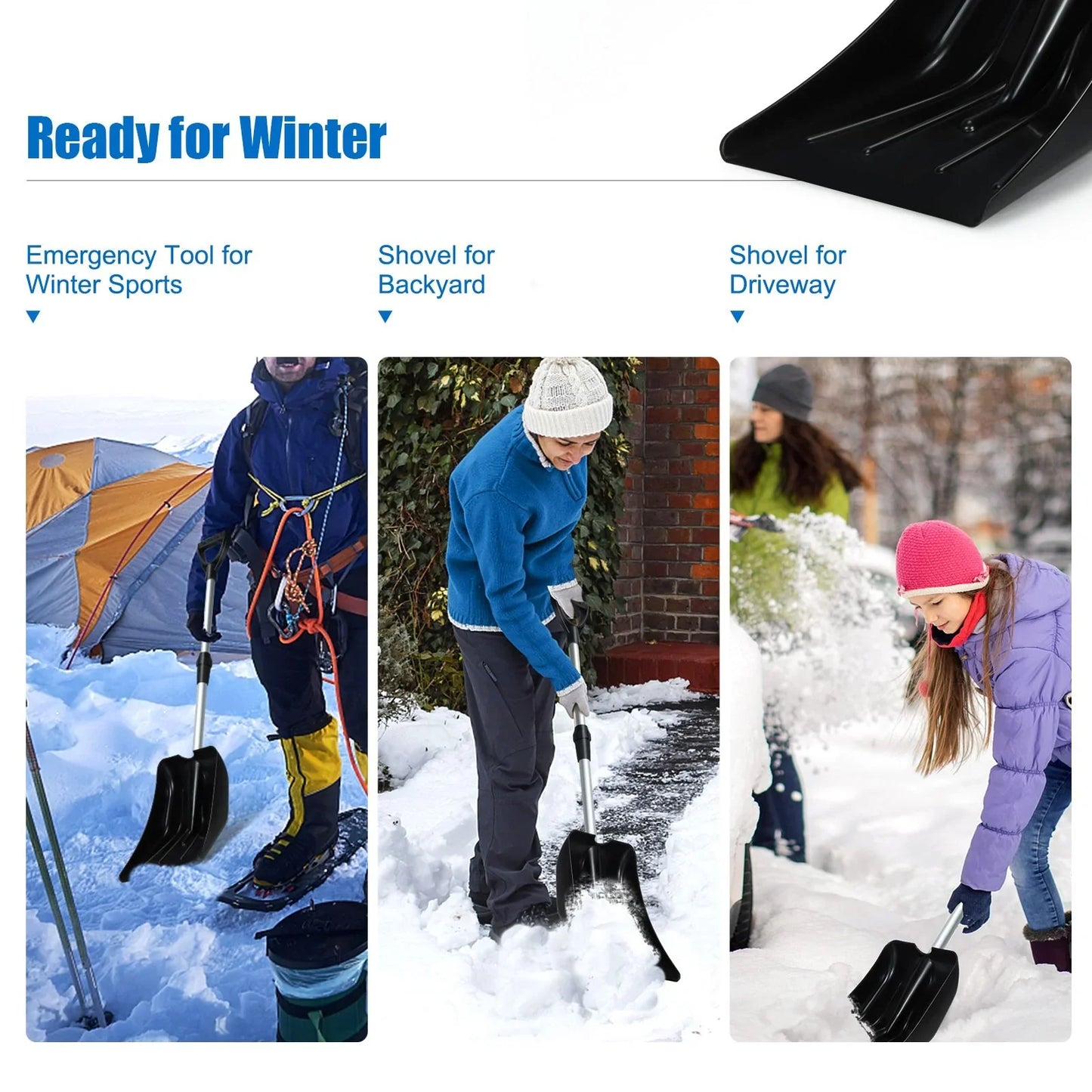 Black snow shovel for winter sports, backyard, and driveway use — essential van life gear