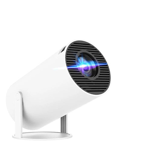 Compact white portable projector with blue beam, ideal for van life entertainment and outdoor movie nights