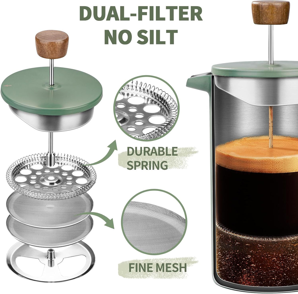 Green 1L Cafetière with Wood Handle – dual mesh filter detail