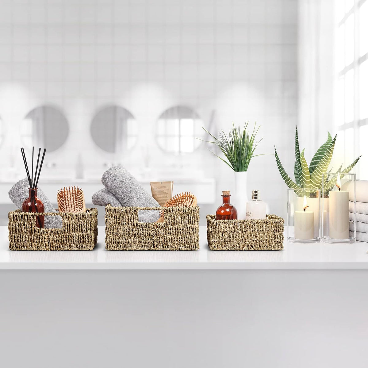 Shallow Seagrass Storage Baskets – Set of 3 – baskets holding bathroom essentials