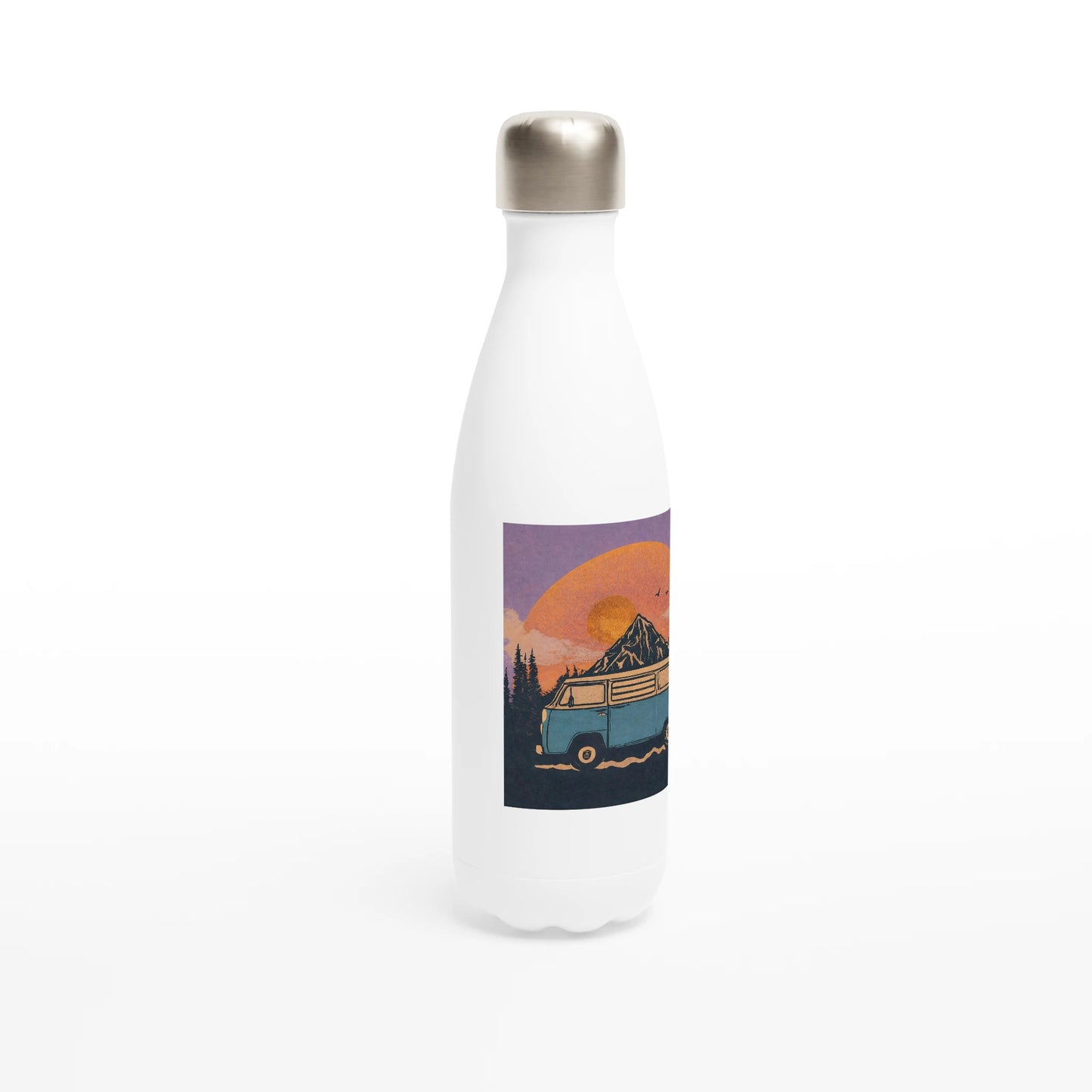 White insulated water bottle with van life sunset mountain graphic, perfect for campers and adventurers