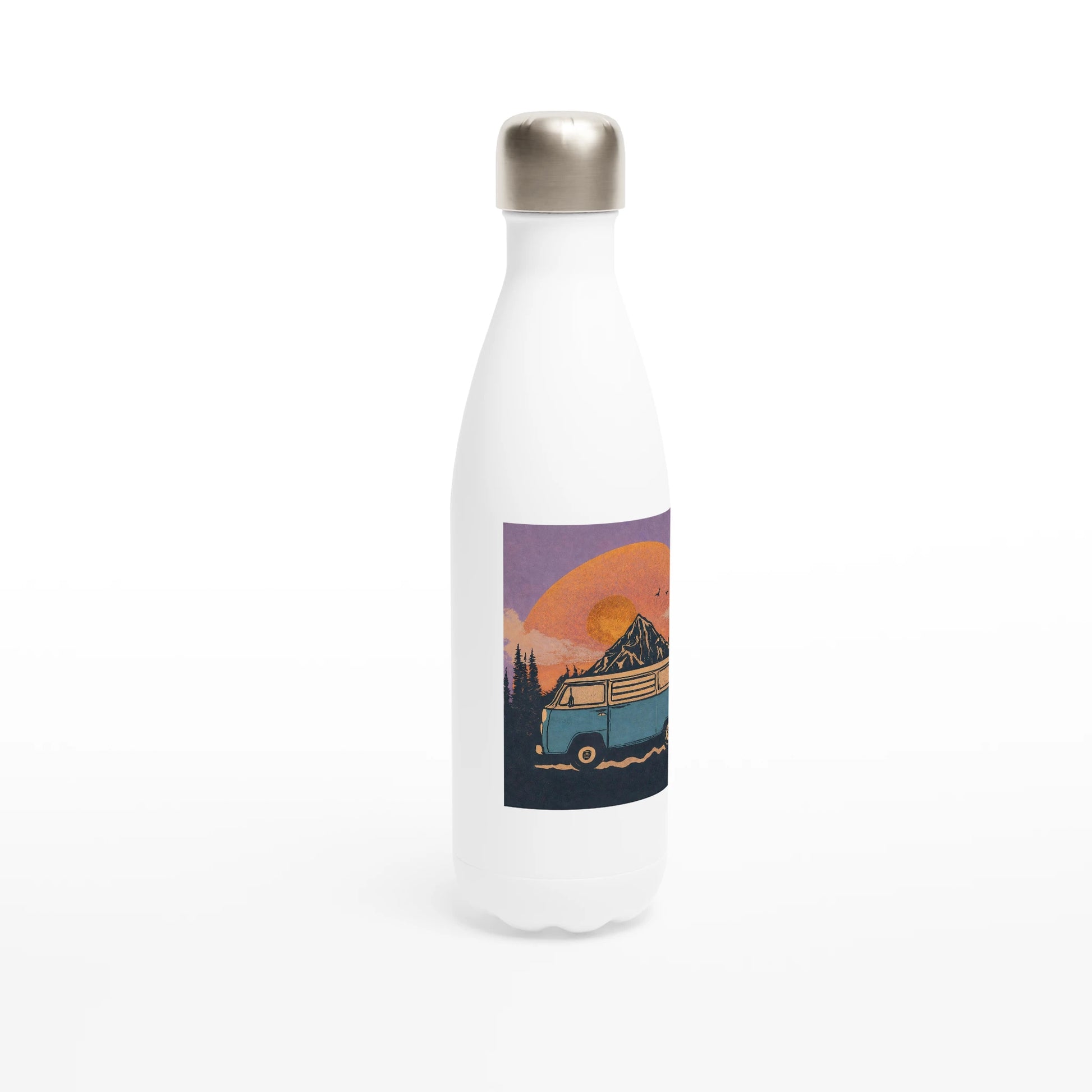White insulated water bottle with van life sunset mountain graphic, perfect for campers and adventurers