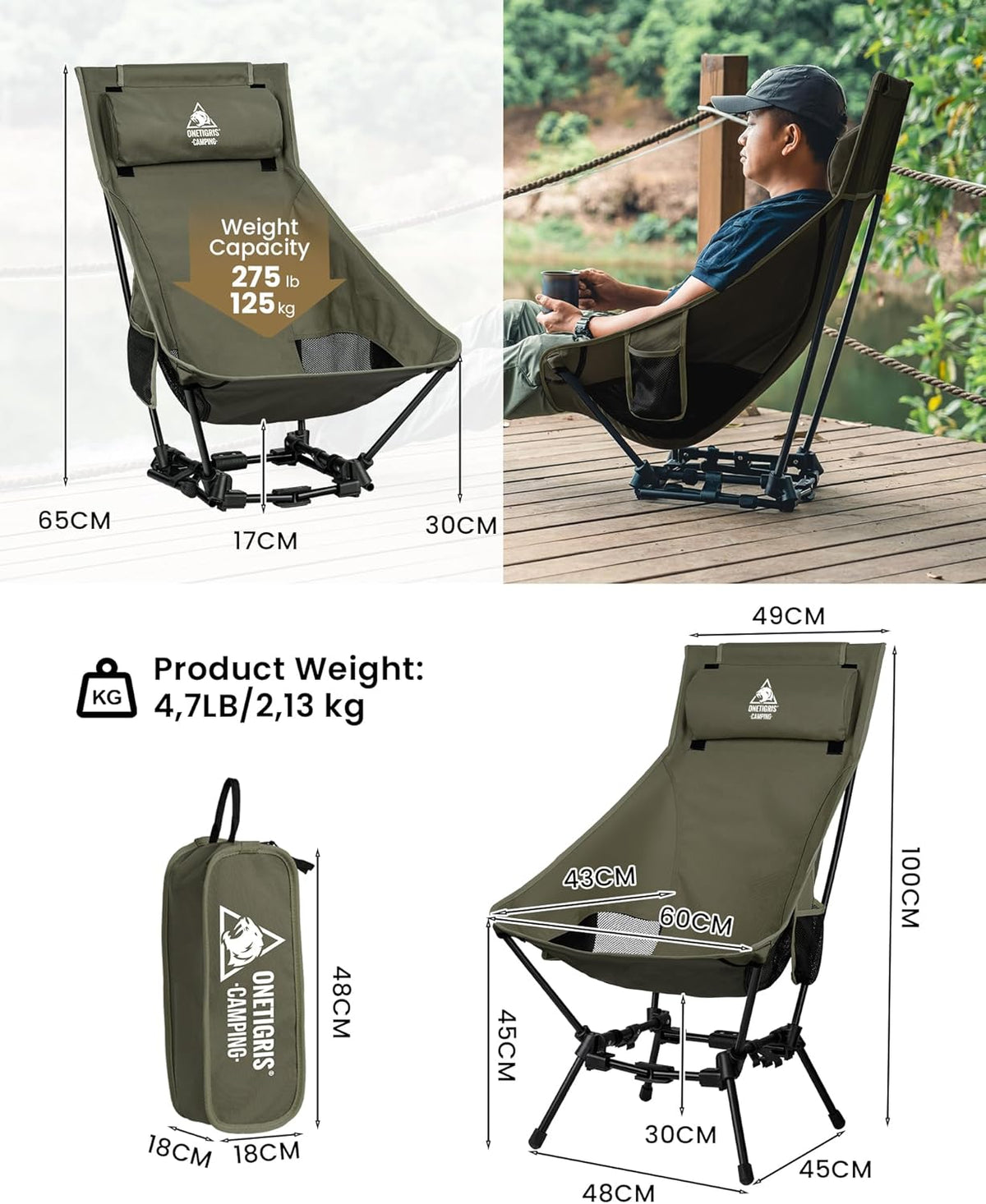 Dragonhide Oversized Camping Chair with Pillow Design, Comfortable Widened Seat Folding, 275 Lbs Capacity
