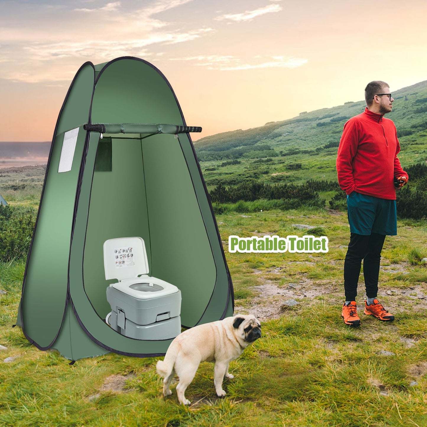 Portable toilet with privacy tent for camping, van life, and outdoor adventures
