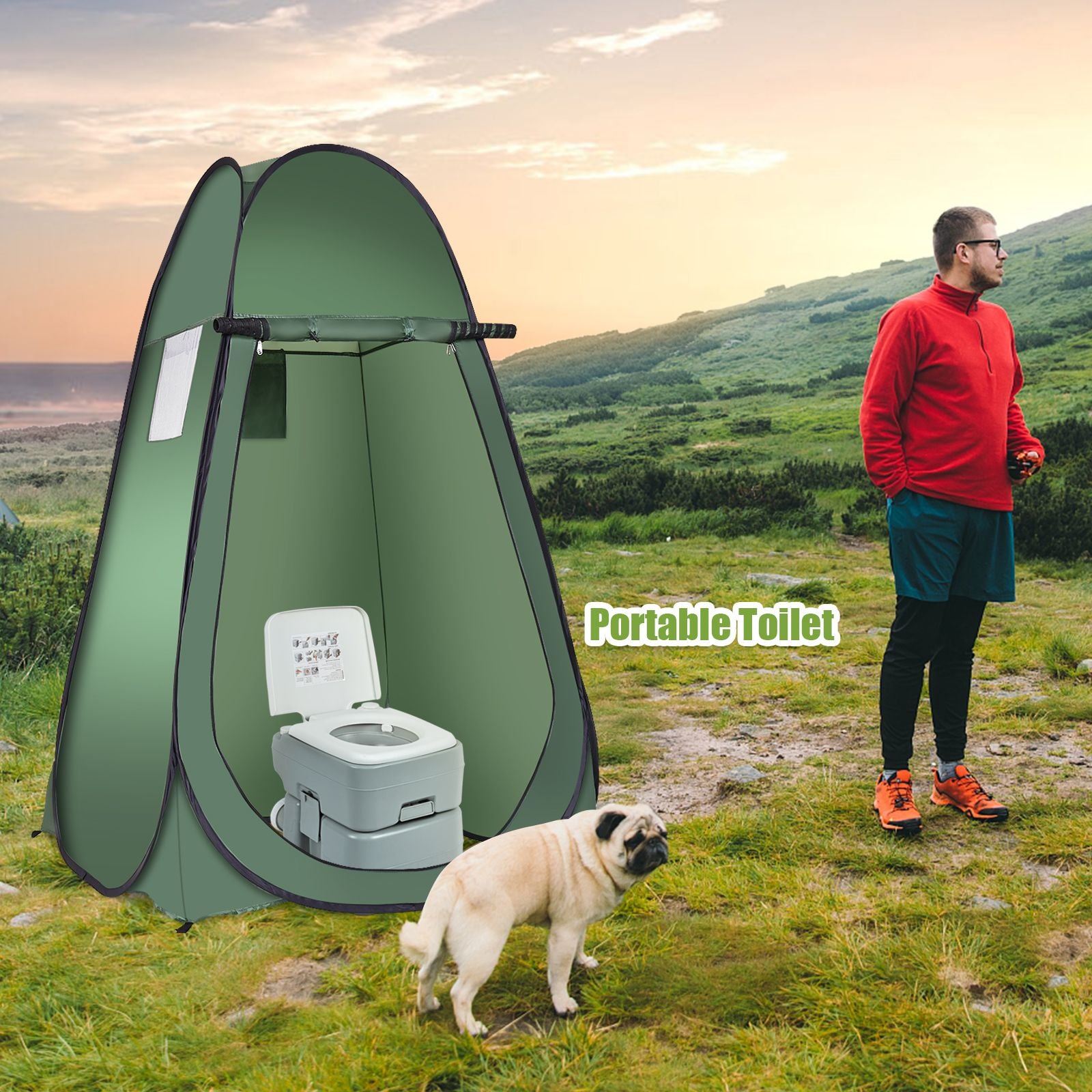Portable toilet with privacy tent for camping, van life, and outdoor adventures