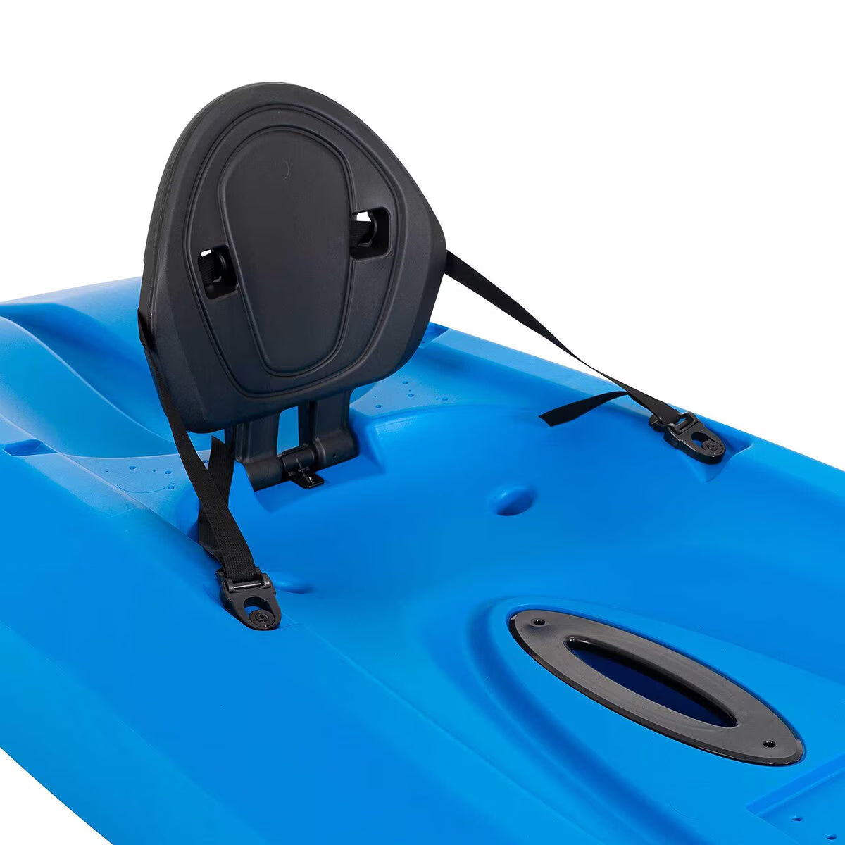 Blue kayak with black adjustable backrest and straps for outdoor adventure gear