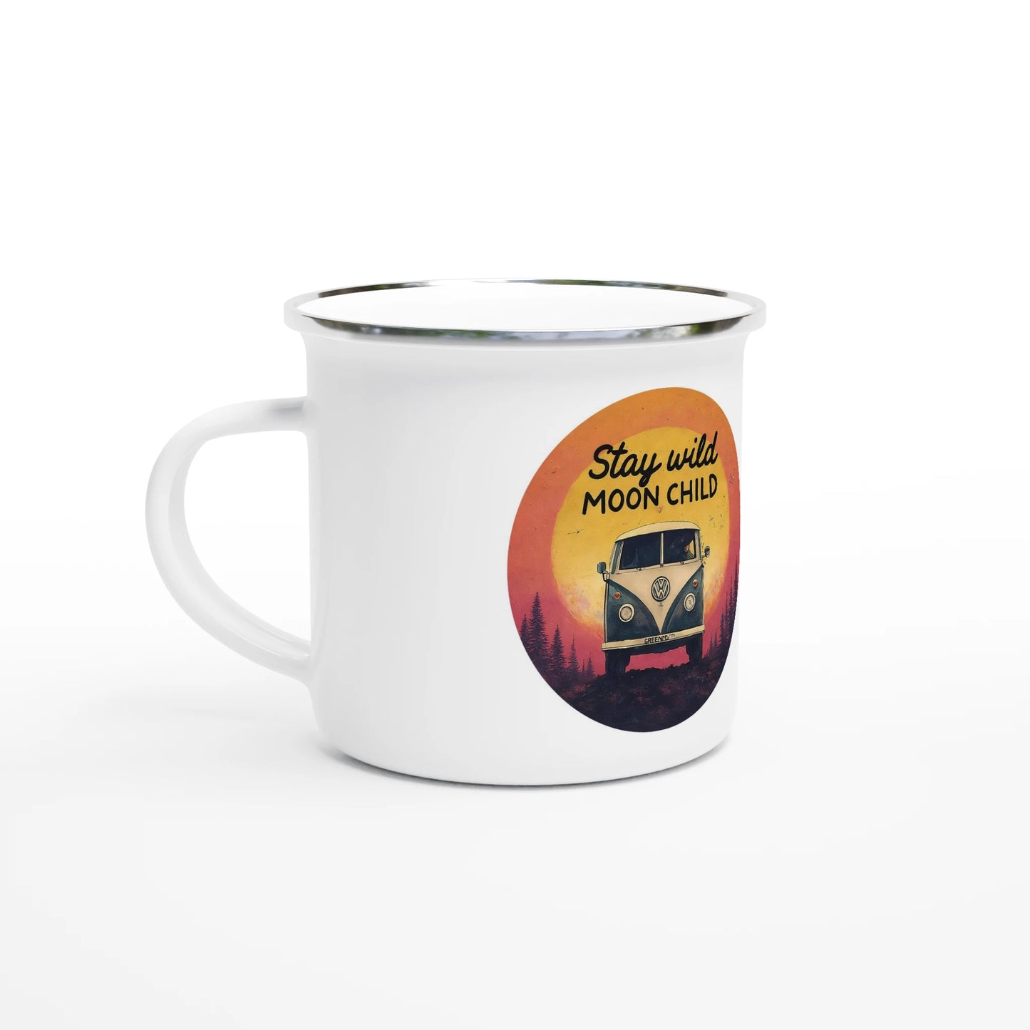 White enamel mug with 'Stay Wild Moon Child' van graphic, perfect for van life adventures and outdoor gear lovers.