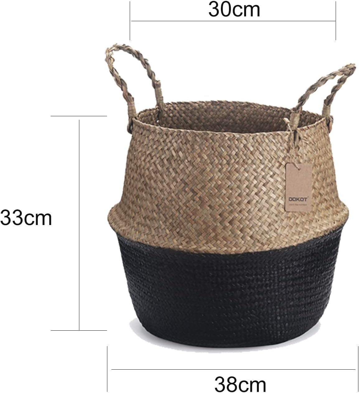 Seagrass Belly Basket Natural Woven Plant Pot Foldable with Handles for Storage Laundry Blankets Toys (Natural + Black)