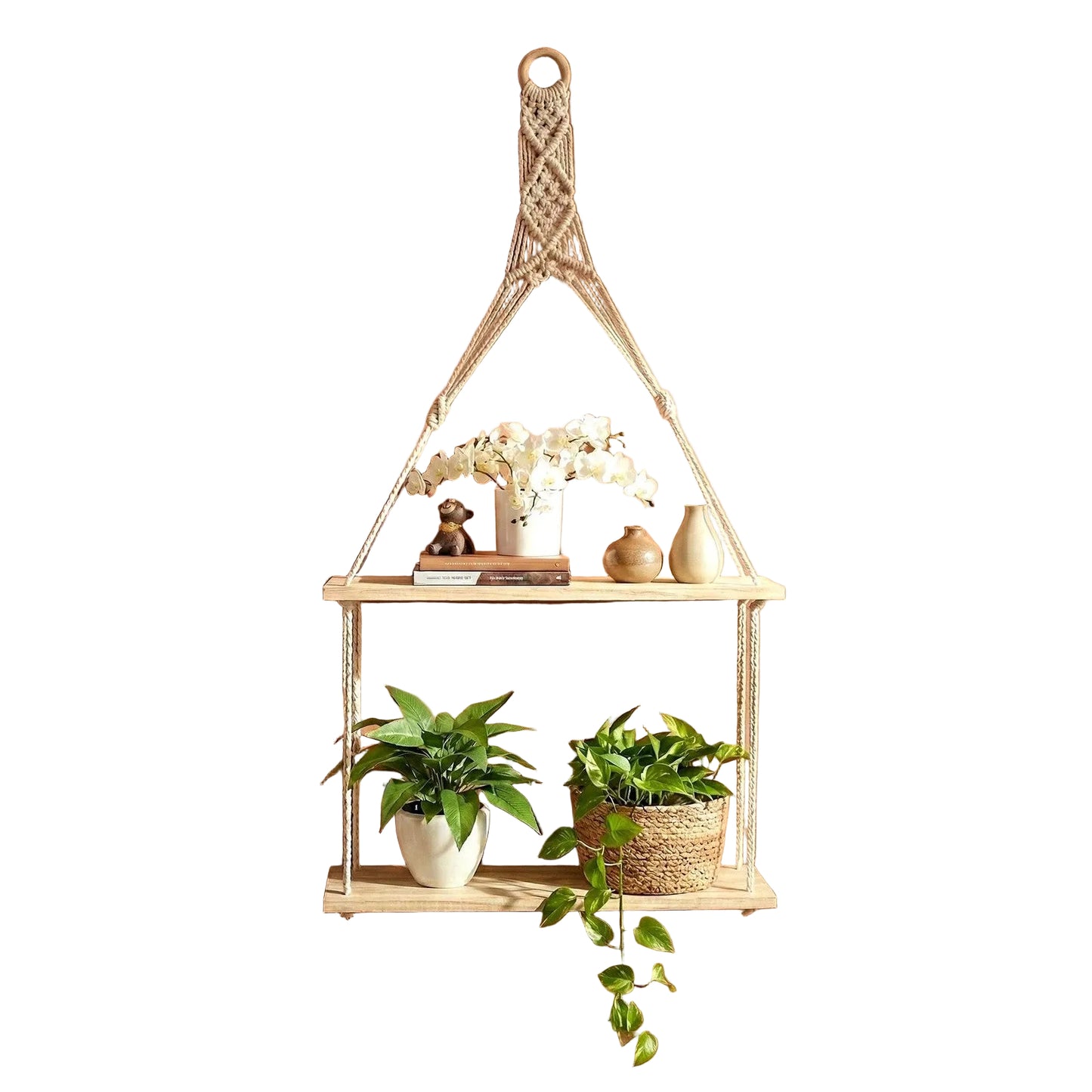 2 Tier Rope Hanging Shelf Wooden Boho Bedroom Decor Plant Display Storage Rack