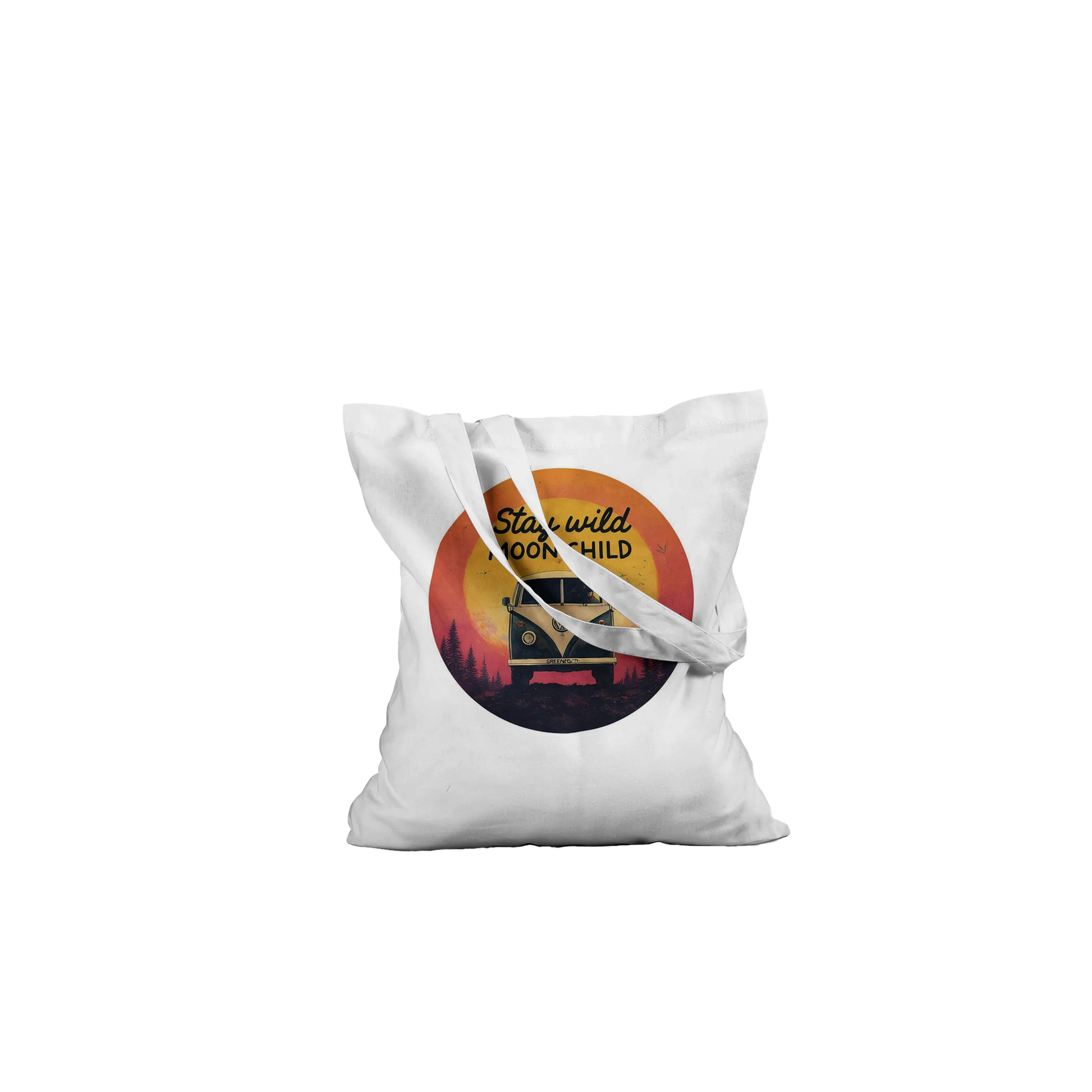White tote bag with 'Stay Wild Moonchild' van sunset design, perfect for van life adventures and outdoor gear lovers.