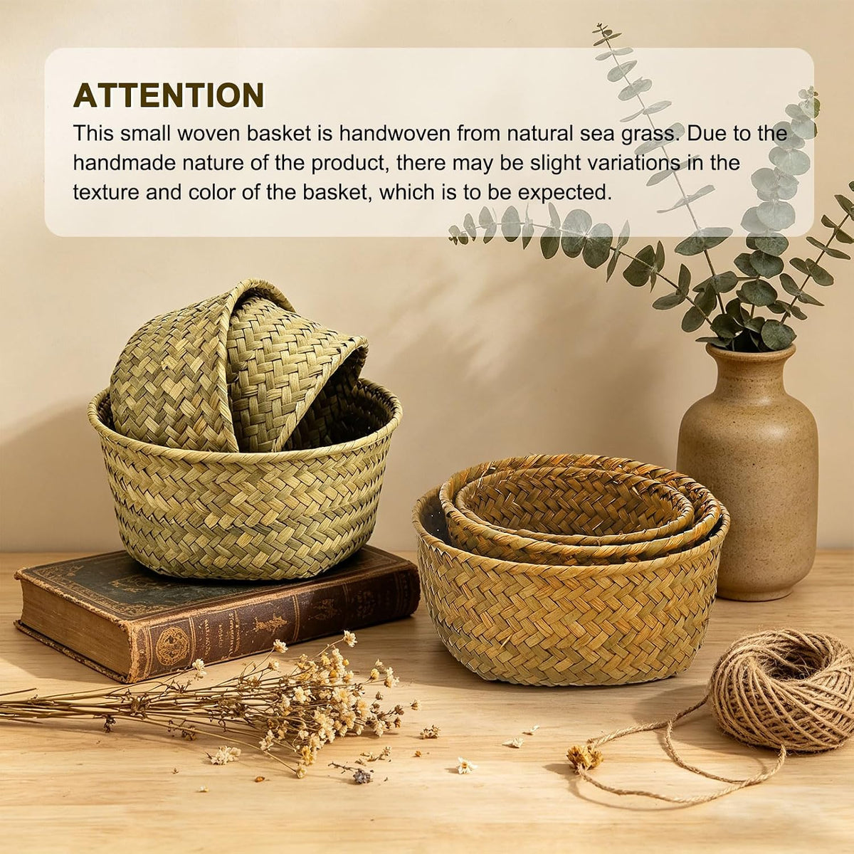 Mini Round Seagrass Baskets – Set of 3 – baskets styled with dry accessories