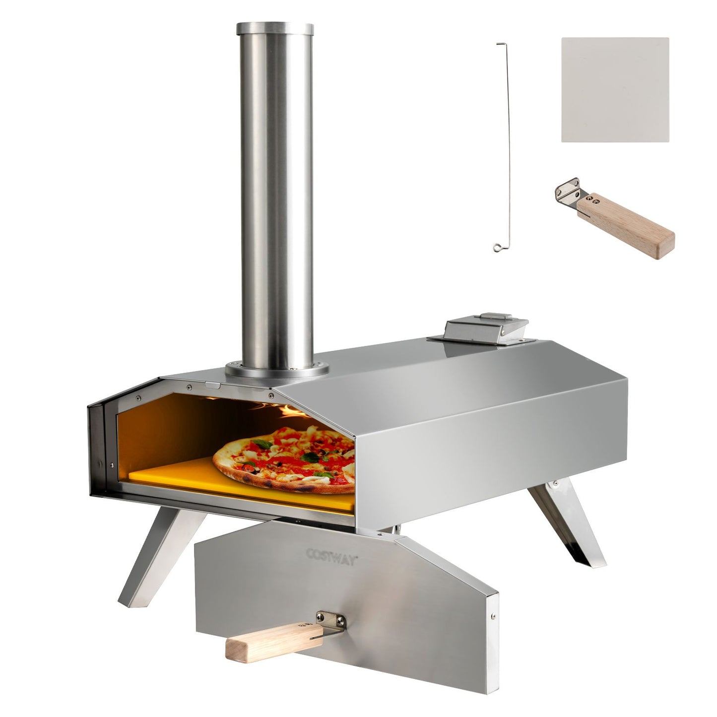 Portable outdoor pizza oven with stainless steel build, baking pizza, ideal for van life and camping adventures
